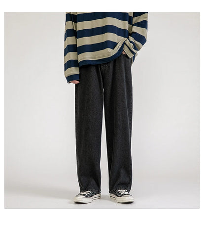 Solid Straight-leg Denim Pants  Black S  - VONVEX