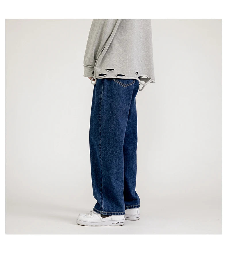 Solid Straight-leg Denim Pants  Dark blue S  - VONVEX