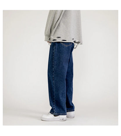 Solid Straight-leg Denim Pants  Dark blue S  - VONVEX