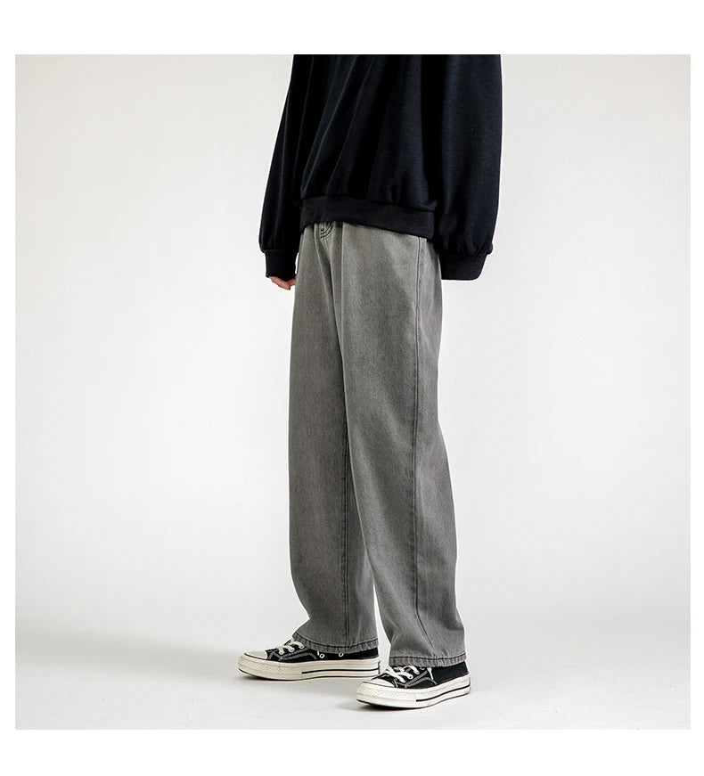 Solid Straight-leg Denim Pants  Gray S  - VONVEX