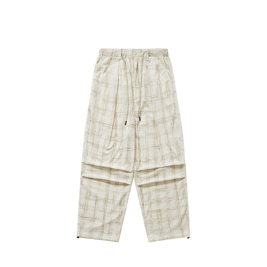 Vintage Plaid Wide Leg Pants Apricot S - VONVEX