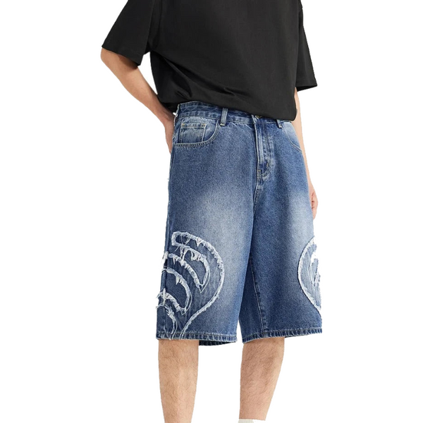 Patchwork Distressed Denim Shorts     - VONVEX
