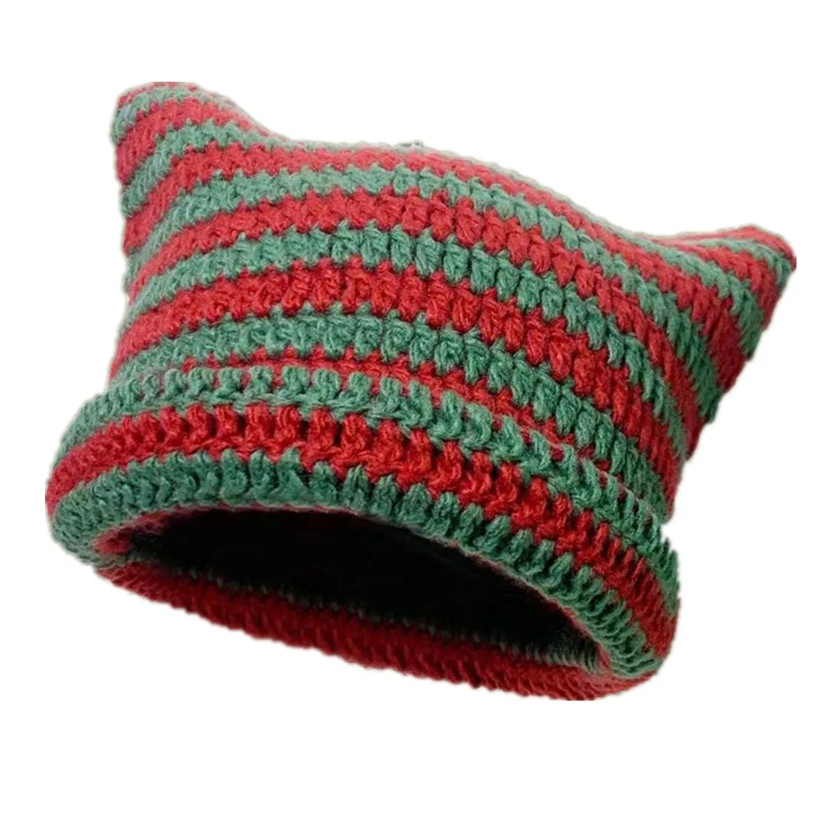 Cute Cat Ears Striped Beanie  RedGreen One Size  - VONVEX