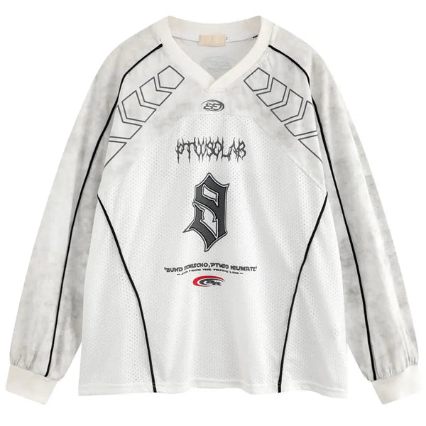 Y2K Printed Racing Sport Patchwork Sweater White S - VONVEX