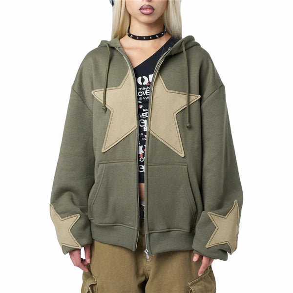 Y2K Star-Patch Zip-Up Hoodie  Green S  - VONVEX