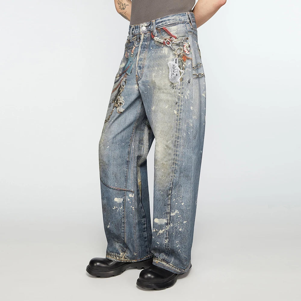Y2K Chain Frayed Jeans     - VONVEX
