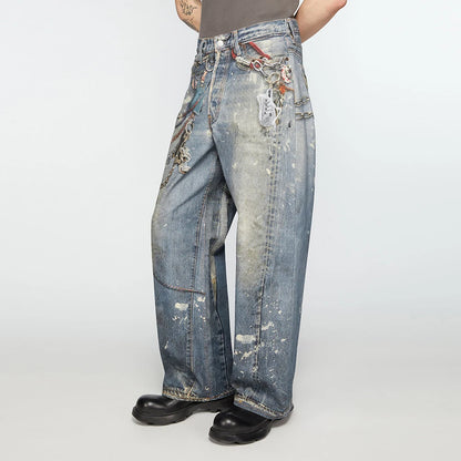 Y2K Chain Frayed Jeans     - VONVEX