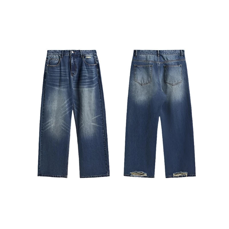 Retro Ripped Wide-Leg Denim Jeans     - VONVEX