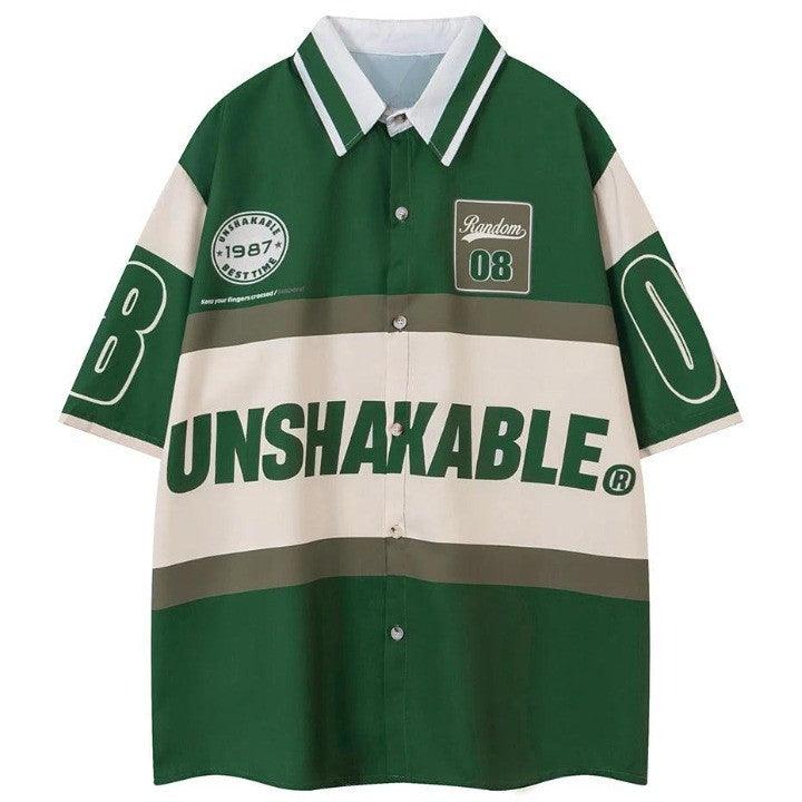 Letter Patchwork Oversized Shirt  Green M  - VONVEX