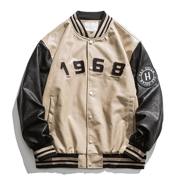 Varsity Portrait PU Leather Bomber Jacket  Khaki M  - VONVEX