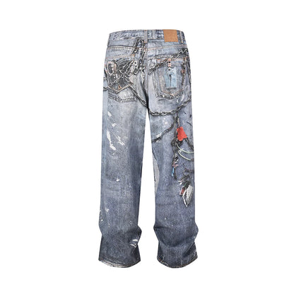 Y2K Chain Frayed Jeans     - VONVEX