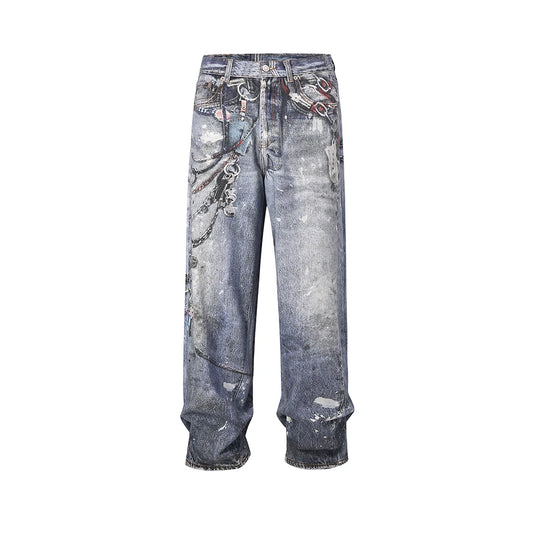 Y2K Chain Frayed Jeans  Blue 30  - VONVEX