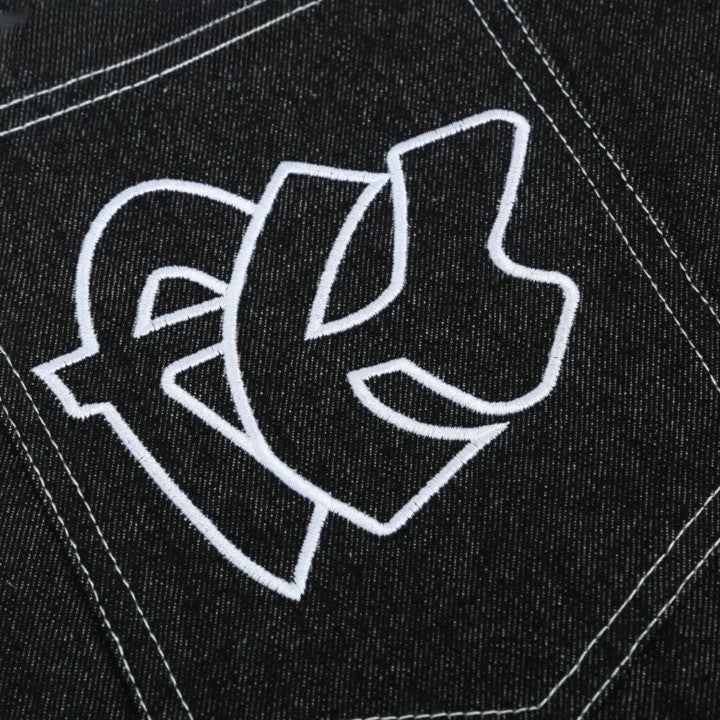 Embroidered Loose Denim Short     - VONVEX