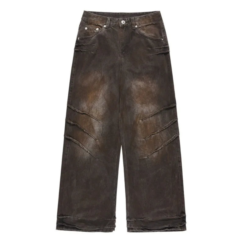 Pleated Washed Jeans  Brown S  - VONVEX