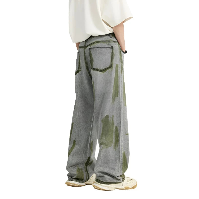 Casual Green Painted Wide-Leg Jeans  Grey S  - VONVEX