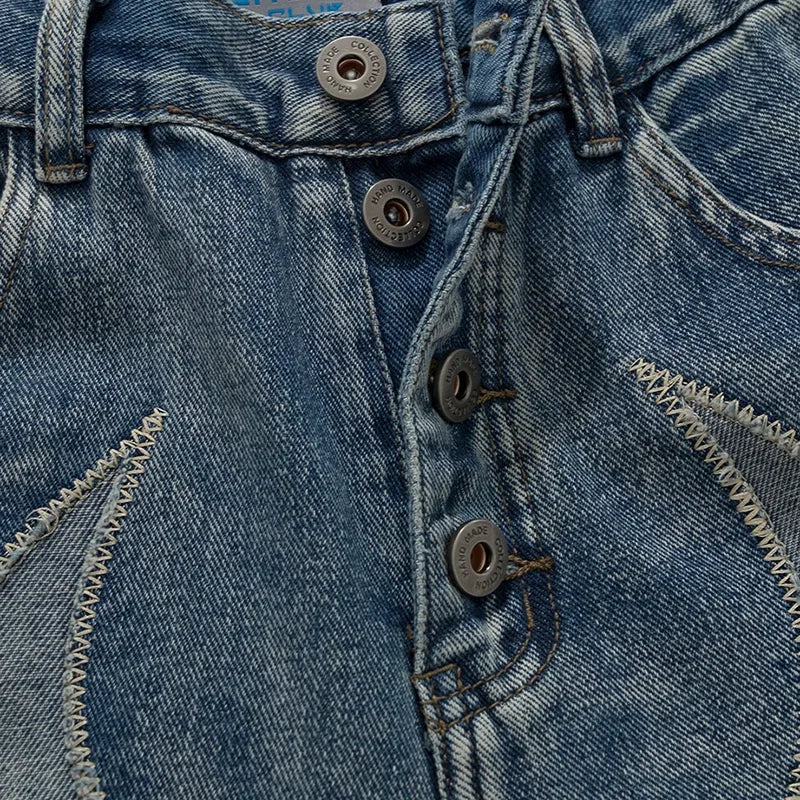 Flame Embroidery Denim Jeans     - VONVEX