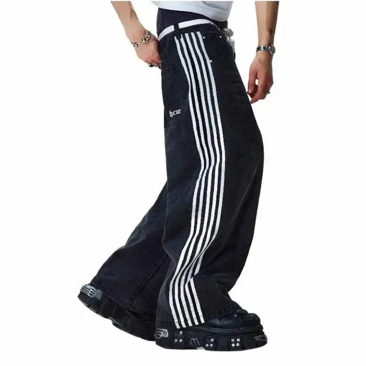 Y2K Black & White Striped Baggy Jeans     - VONVEX