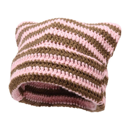 Cute Cat Ears Striped Beanie  PinkCoffee One Size  - VONVEX