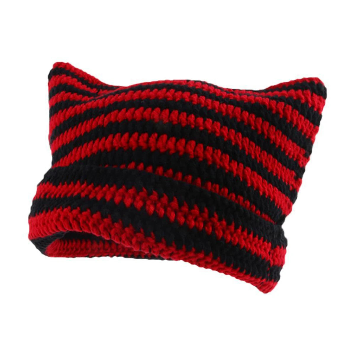 Cute Cat Ears Striped Beanie  BlackRed One Size  - VONVEX