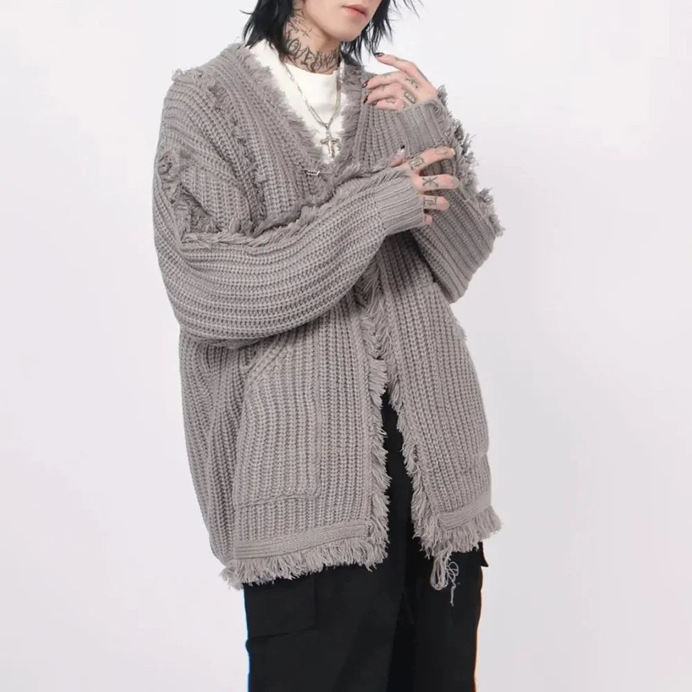 Y2k Irregular Tassel Knitted Cardigen - VONVEX