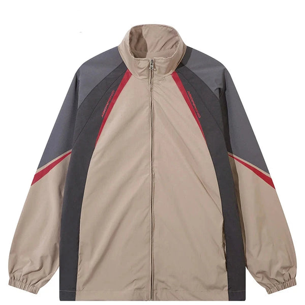 Patchwork Striped Zipper Thin Jacket  Khaki S  - VONVEX