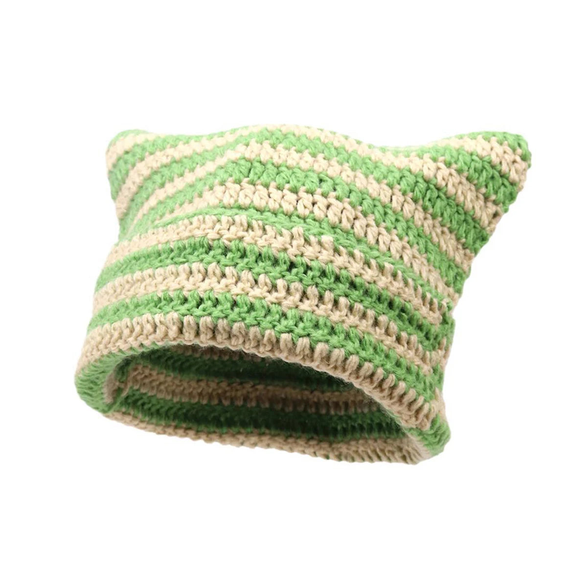 Cute Cat Ears Striped Beanie  GreenBeige One Size  - VONVEX