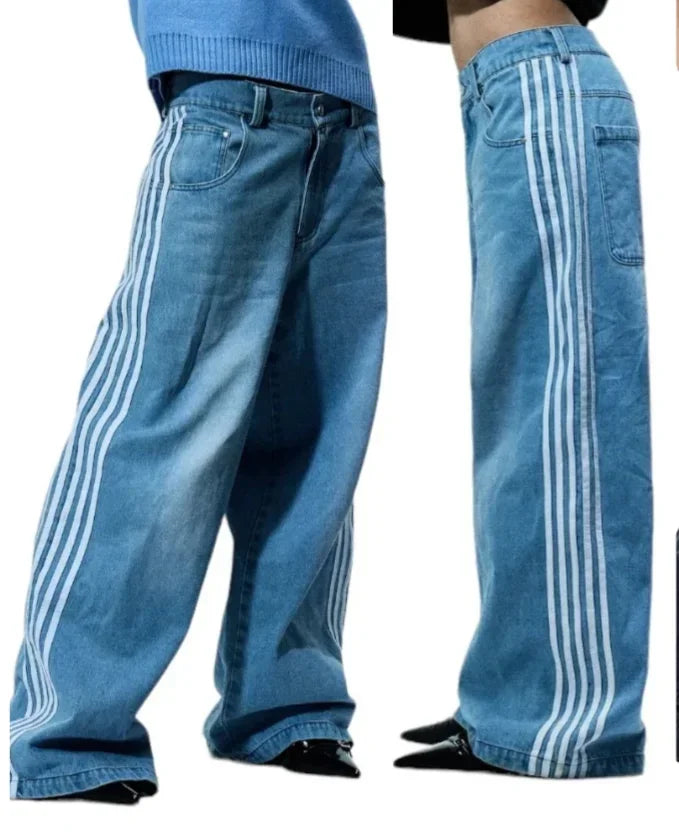 Y2K Black & White Striped Baggy Jeans  Blue S  - VONVEX