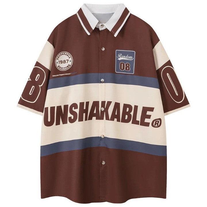 Letter Patchwork Oversized Shirt  Brown M  - VONVEX