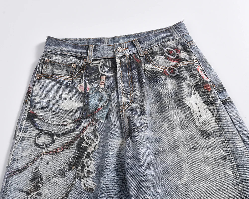 Y2K Chain Frayed Jeans     - VONVEX
