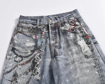 Y2K Chain Frayed Jeans     - VONVEX