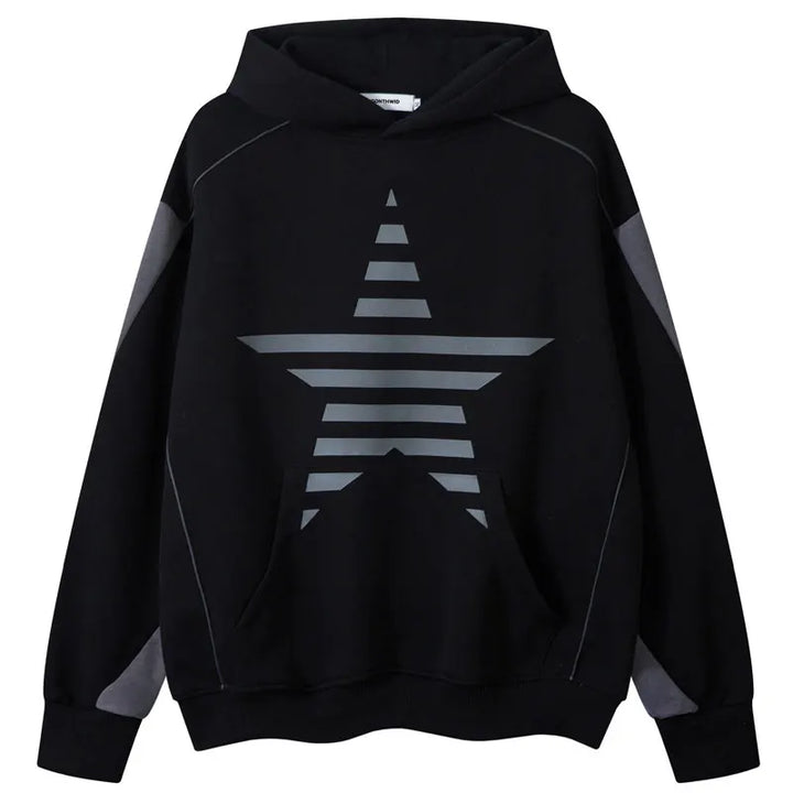 Y2K Star Striped Patchwork Hoodie Black M - VONVEX