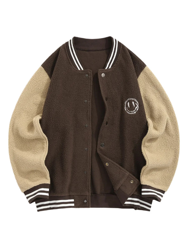 Embroidered Smile Face Jacket  Coffee S  - VONVEX