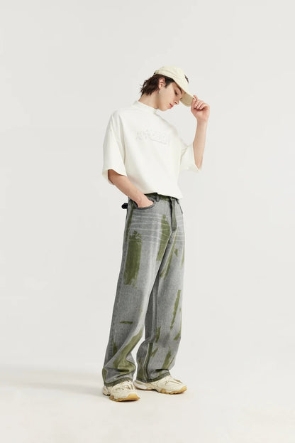 Casual Green Painted Wide-Leg Jeans     - VONVEX
