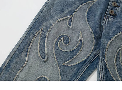 Flame Embroidery Denim Jeans     - VONVEX