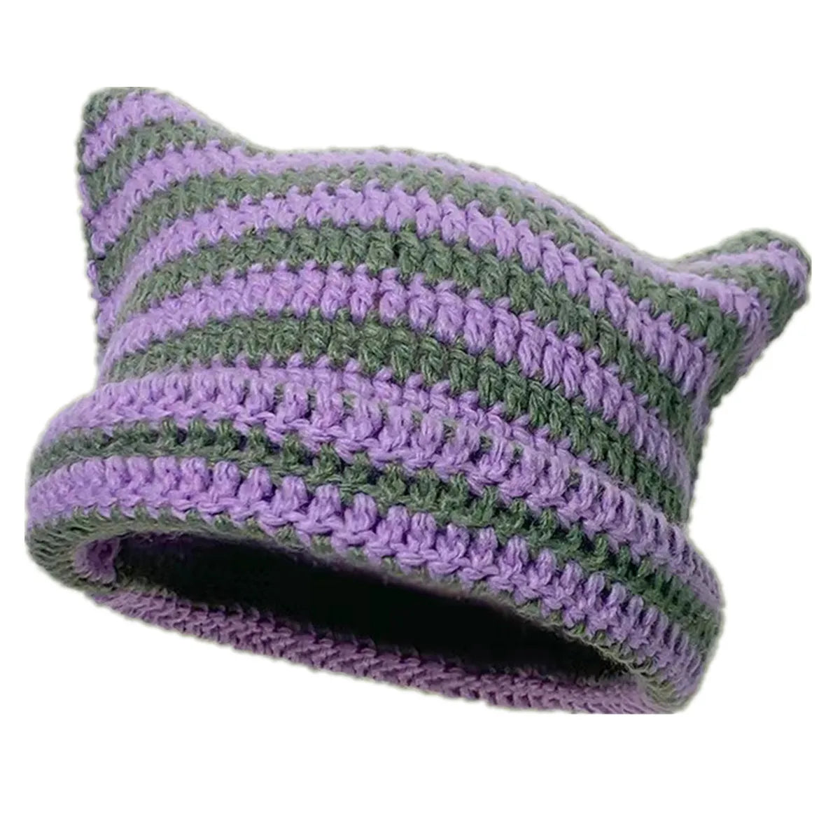 Cute Cat Ears Striped Beanie  GreenPurple One Size  - VONVEX