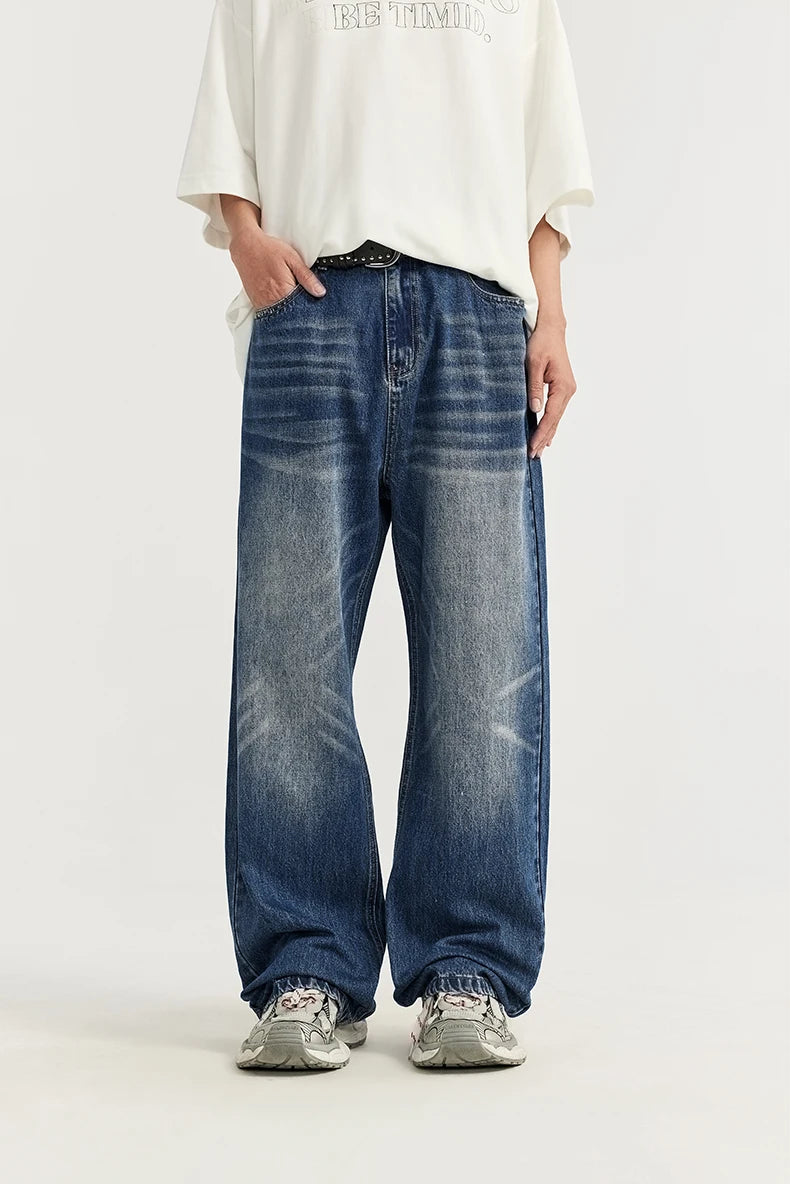 Retro Ripped Wide-Leg Denim Jeans     - VONVEX