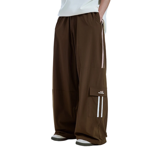 Retro Patchwork Wide-Leg Cargo Pants  Coffee L  - VONVEX