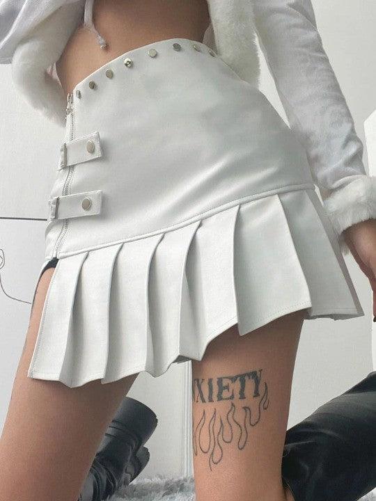 Retro Leather Pleated Skirt  White XS  - VONVEX