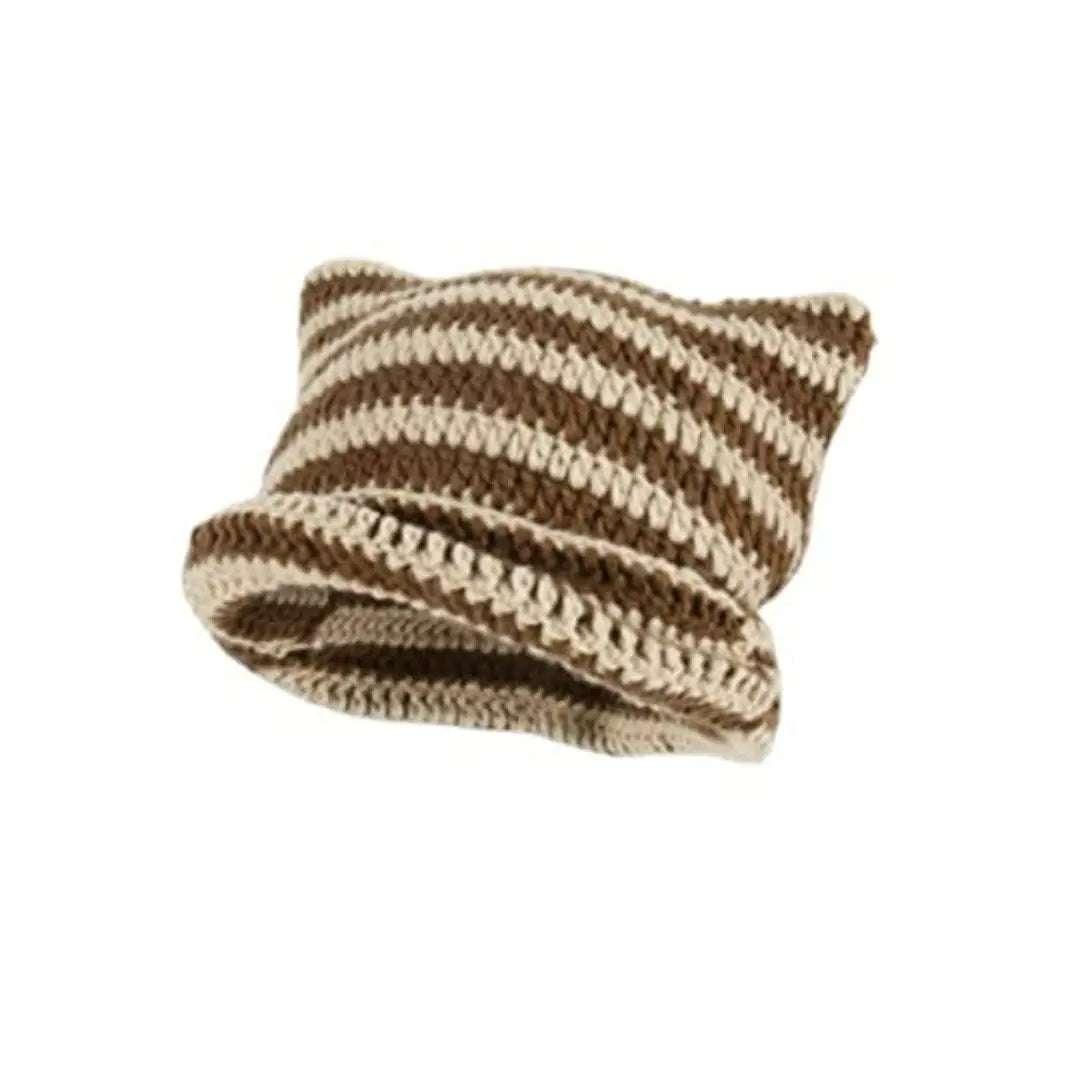 Cute Cat Ears Striped Beanie  CoffeeBeige One Size  - VONVEX