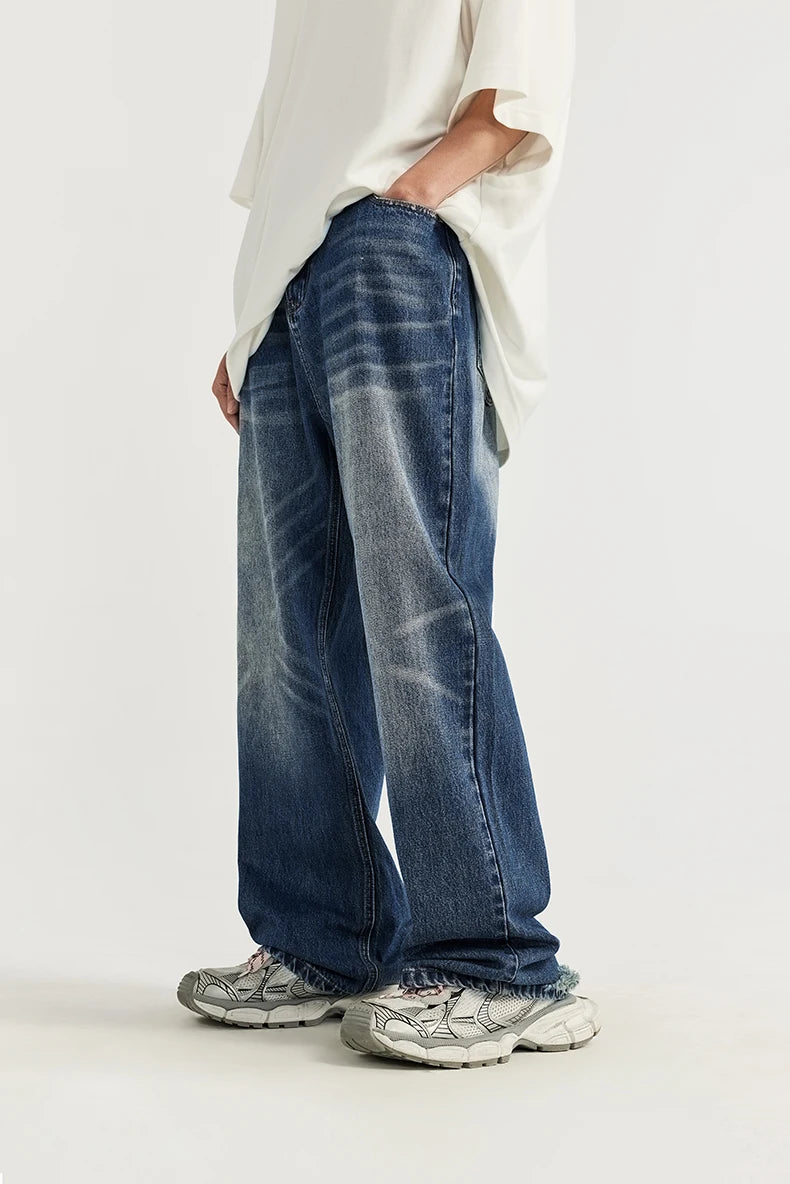 Retro Ripped Wide-Leg Denim Jeans     - VONVEX