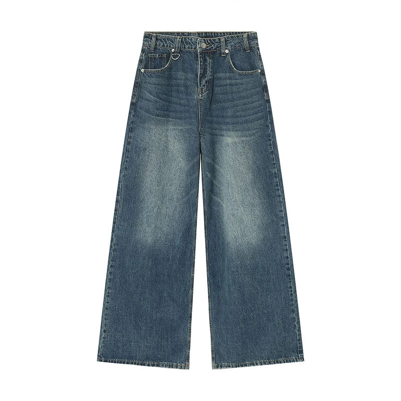 Distressed Wide Leg Baggy Denim Jeans  Blue S  - VONVEX