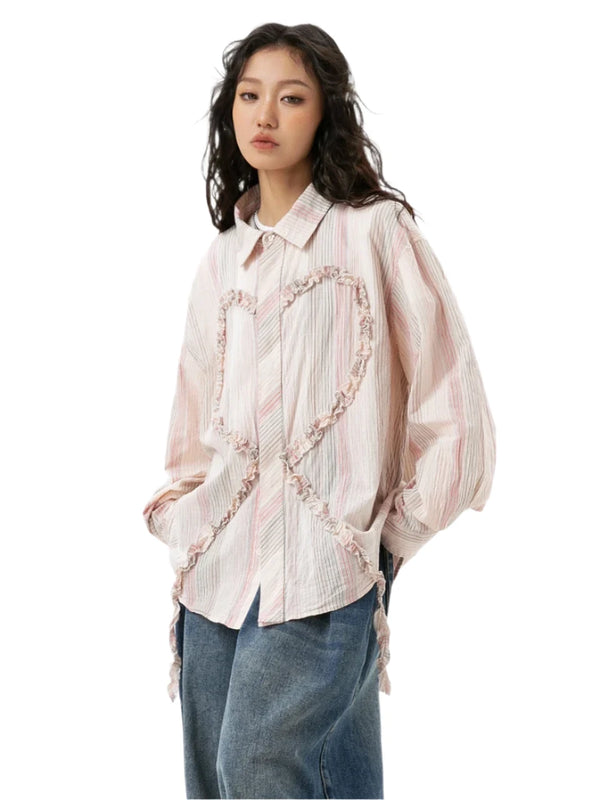 Heart Embroidery Long Sleeve Shirt     - VONVEX
