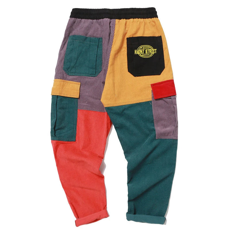 Corduroy Color Block Cargo Pants     - VONVEX