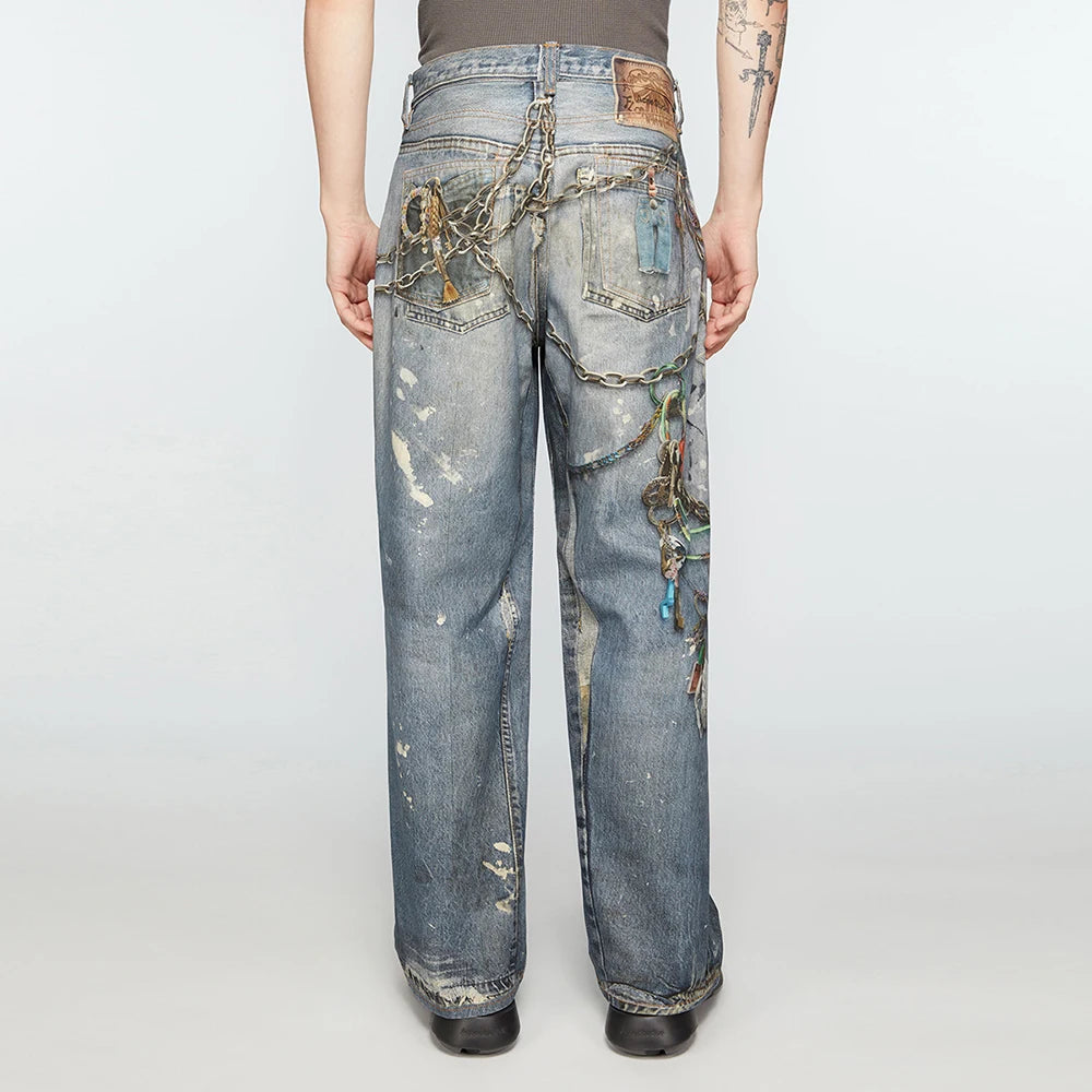 Y2K Chain Frayed Jeans     - VONVEX