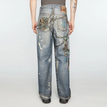 Y2K Chain Frayed Jeans     - VONVEX