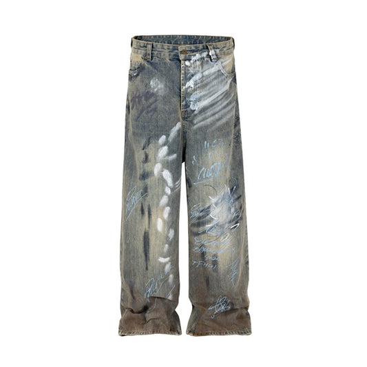 Y2K Graffiti Hand Drawn Wide Leg Jeans  M   - VONVEX