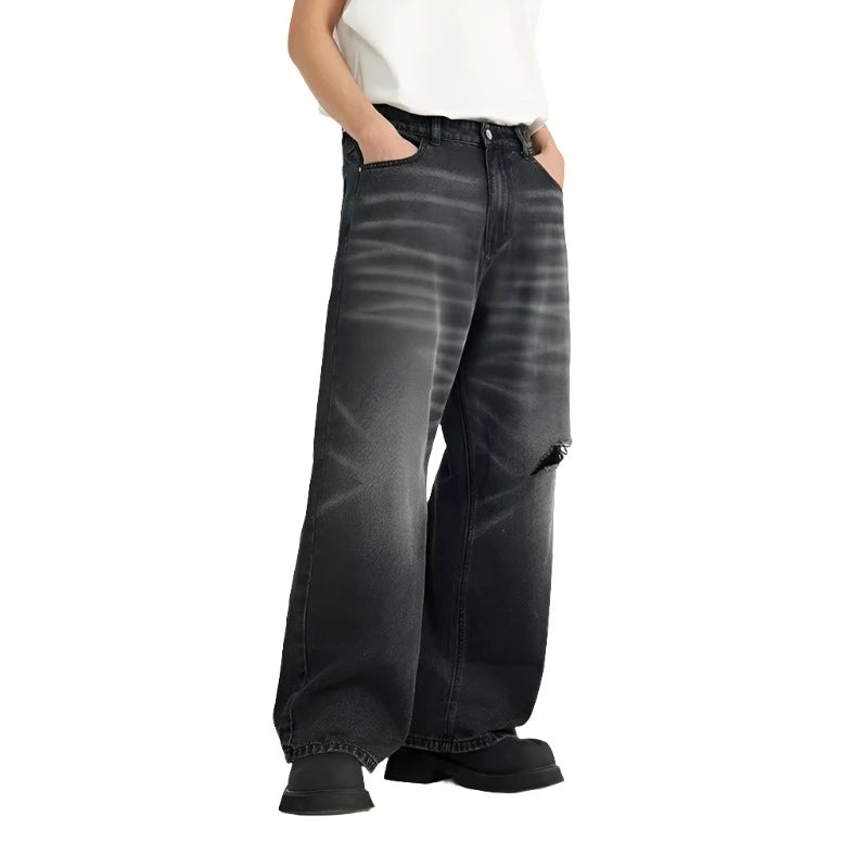 Retro Washed Black Ripped Wide-Leg Jeans  Black S  - VONVEX
