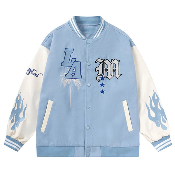 Y2K Flame Lethear Baseball Jacket  Blue S  - VONVEX