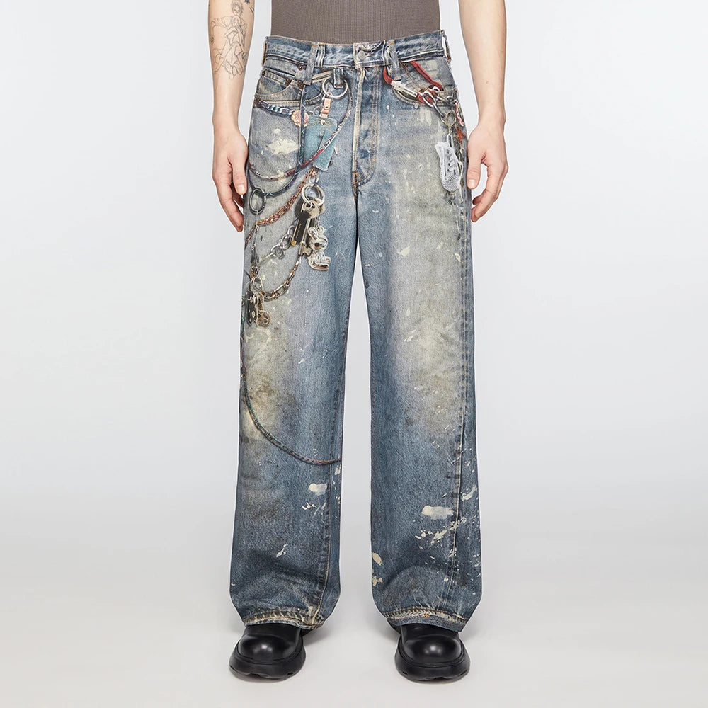 Y2K Chain Frayed Jeans     - VONVEX