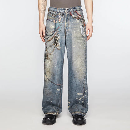 Y2K Chain Frayed Jeans     - VONVEX